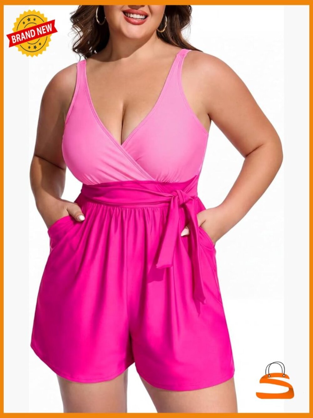 Plus Size One Piece Swim Romper with Pockets Modest Full Coverage Tummy Control